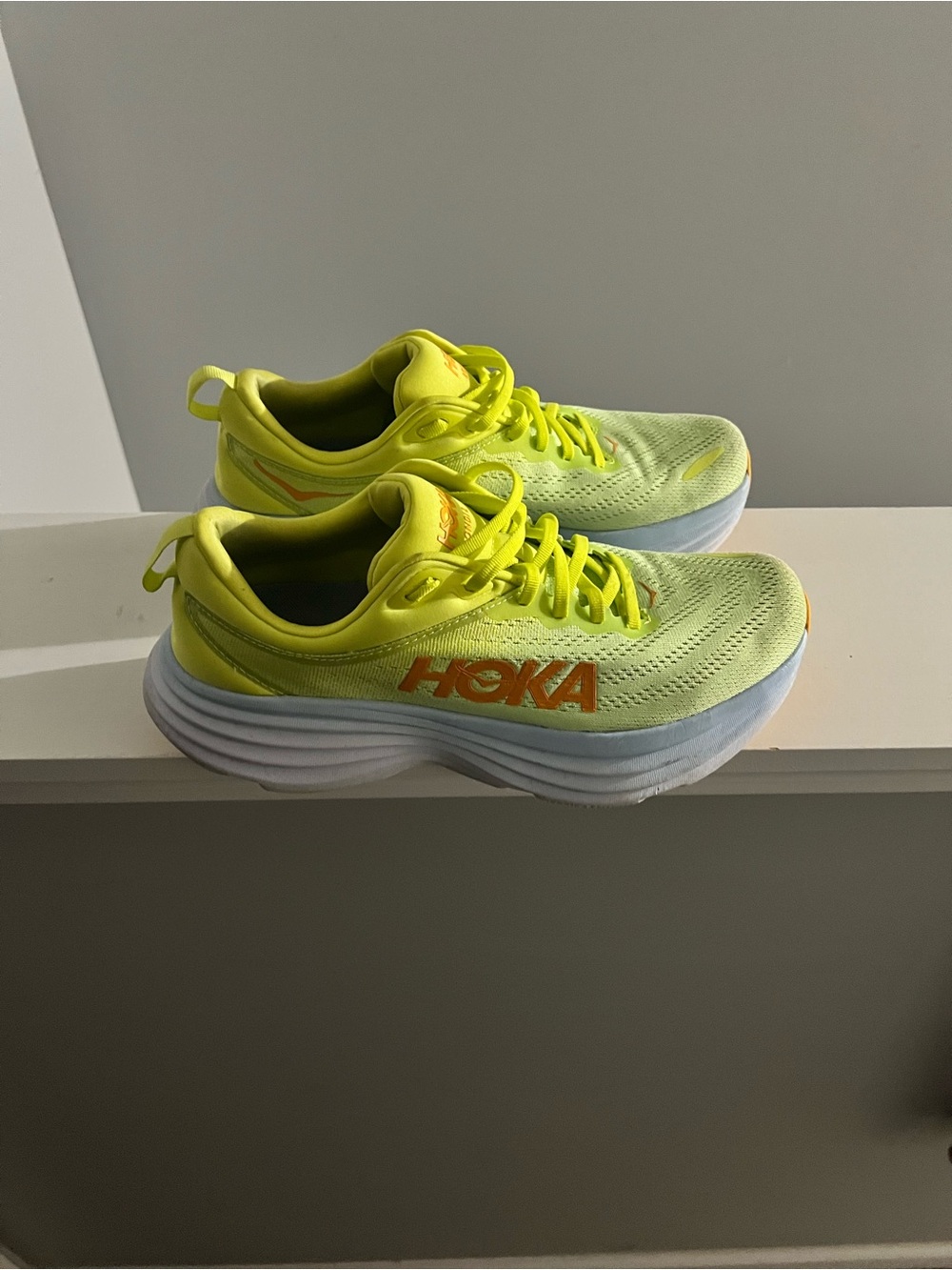 Hoka Bondi 8 Neon Yellow Running Shoes with Orange Logo - Picture 3 of 7